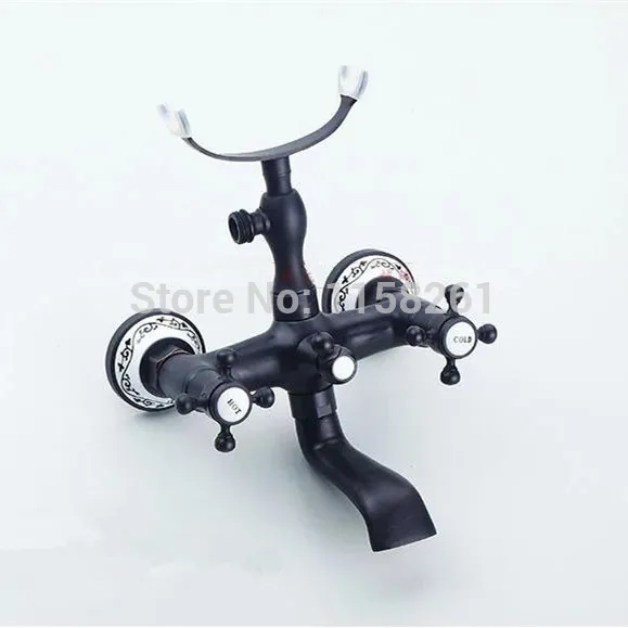 Imagem -03 - Torneiras de Chuveiro de Latão Pintadas de Preto Punho Duplo Montado na Parede Torneira de Banho e Chuveiro Torneira de Chuveiro Portátil Banheira de Vídeo