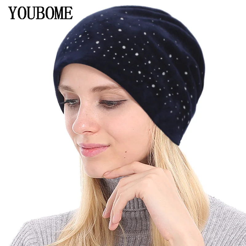 YOUBOME Skullies Beanies Hats Women Winter Hats For Women Rhinestone Bonnet Velvet Lady Caps Autumn Female Beanie Knitted Hat