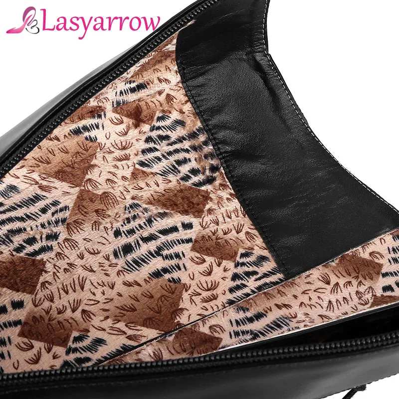 Lasyarrow Women Motorcycle Boots Pointed Toe Chunky Heel Riding Boots Shoes Female Lace Up Knee High Boots Black Brown Size 48