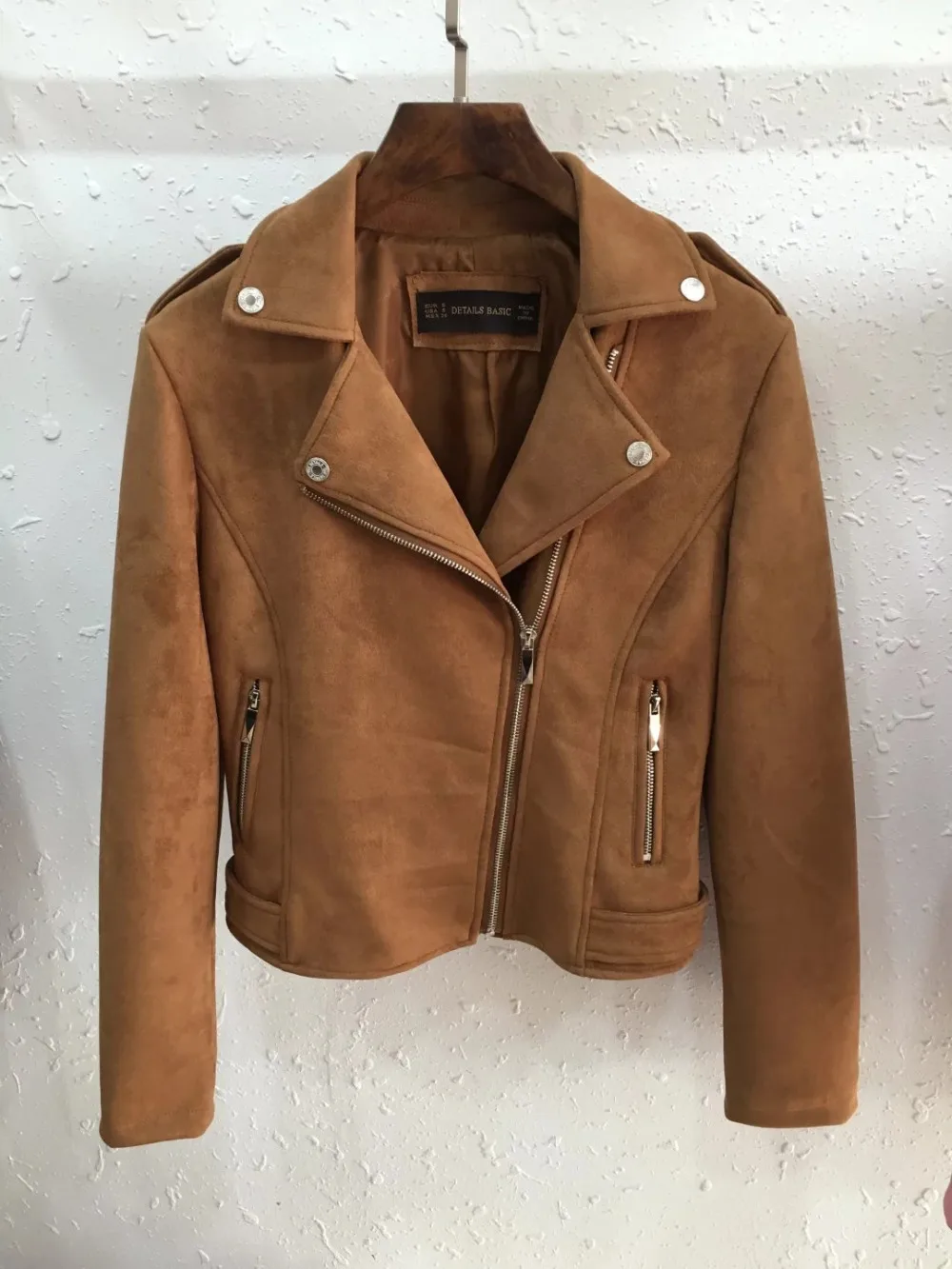 New Fashion Women suede motorcycle jacket Slim brown full lined soft faux Leather female coat veste femme cuir epaulet zipper