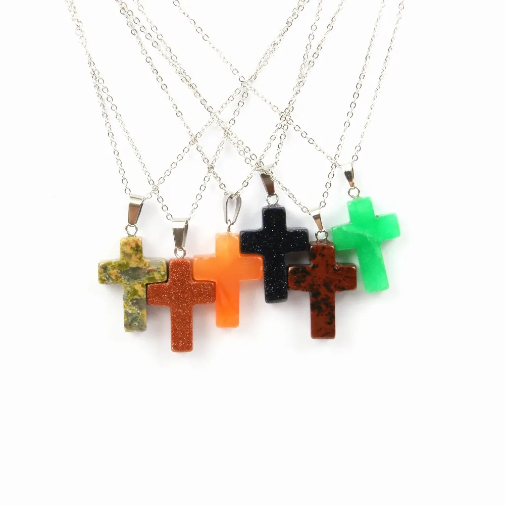 Wholesale Natural Stone Pendant Cross Pendant Natural Stone Golden Sand Stone Necklace Premium Stainless Steel Necklace