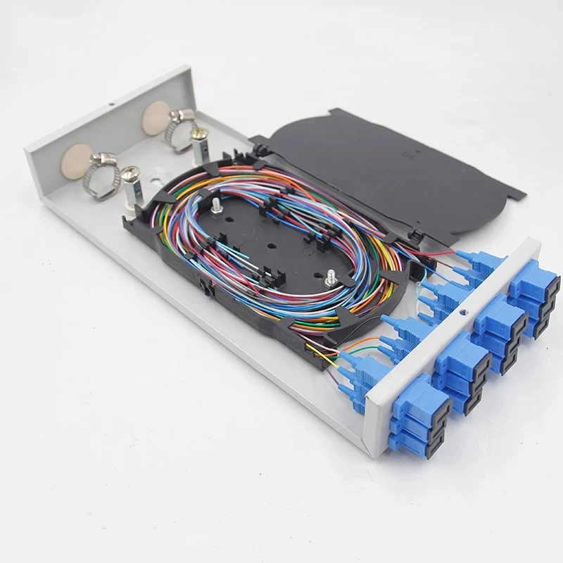 Caixa terminal sc fttx ftth-ftth, 12 núcleos, com sc pigtail e adaptador, spcc, 12 ports, patch panel de fibra óptica, sm, elink, engrossado