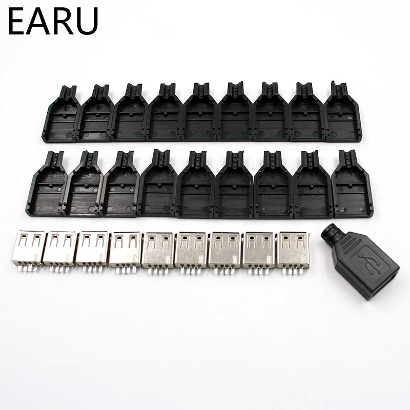 DIY 10pcs Type A Female USB 4 Pin Plug Socket Connector With Black Plastic Cover USB 2.0 Connect Adapter PCB SDA Data Cable Line