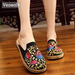 Veowalk Handmade Women Close Toe Linen cotton Slippers Summer Breathable New Embroidered Slides Ladies espadrilles Shoes