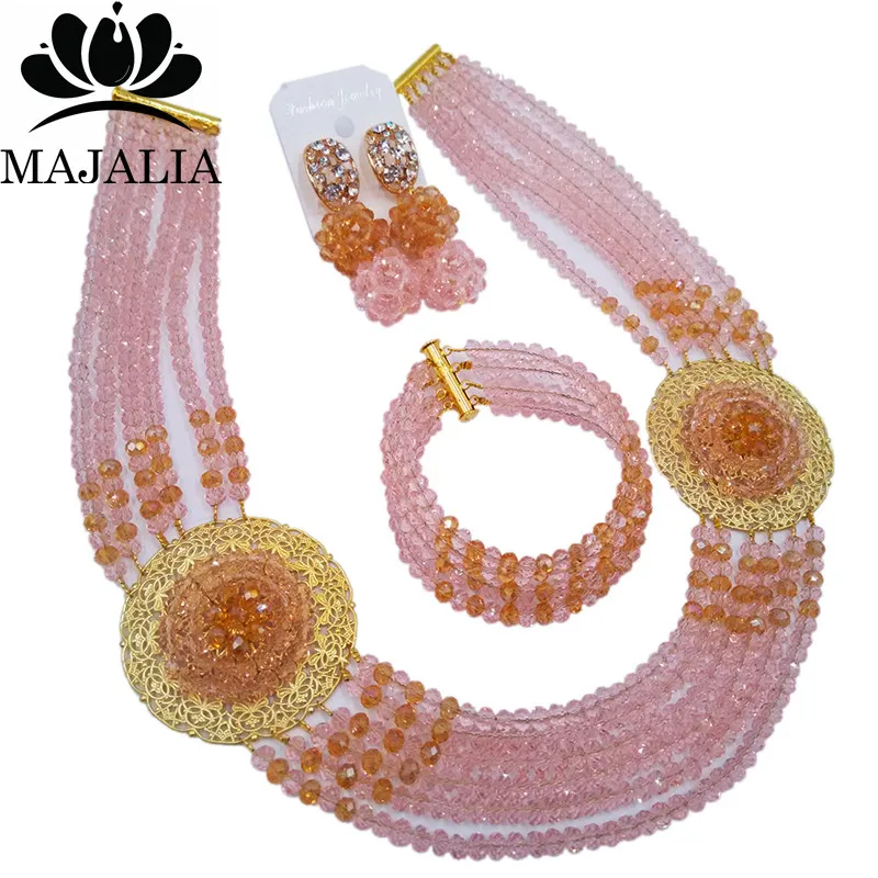 Majalia Romantic Nigeria Wedding African Beads Jewelry Set Peach and Gold ab Crystal Necklace Bridal Jewelry Sets 6OP020