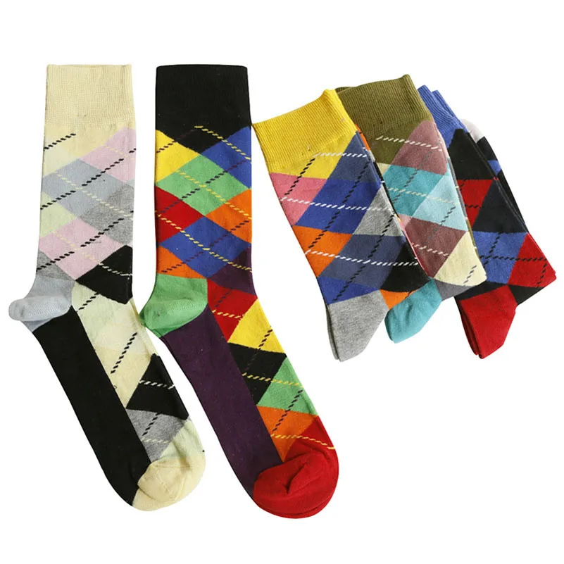 

6 Pairs/lot Eur38-44 Men's Funny Colorful Combed Cotton Socks Red Argyle Dozen Pack Casual Happy Socks Dress Wedding Socks Meias