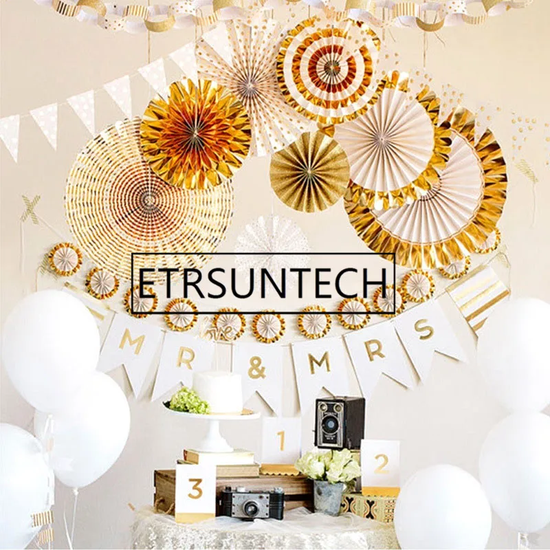 30sets 8pcs/set Luxury Gold Silver Paper Fan Set Wedding Engagement Party Hanging Paper Decor Decorative Paper Crafts