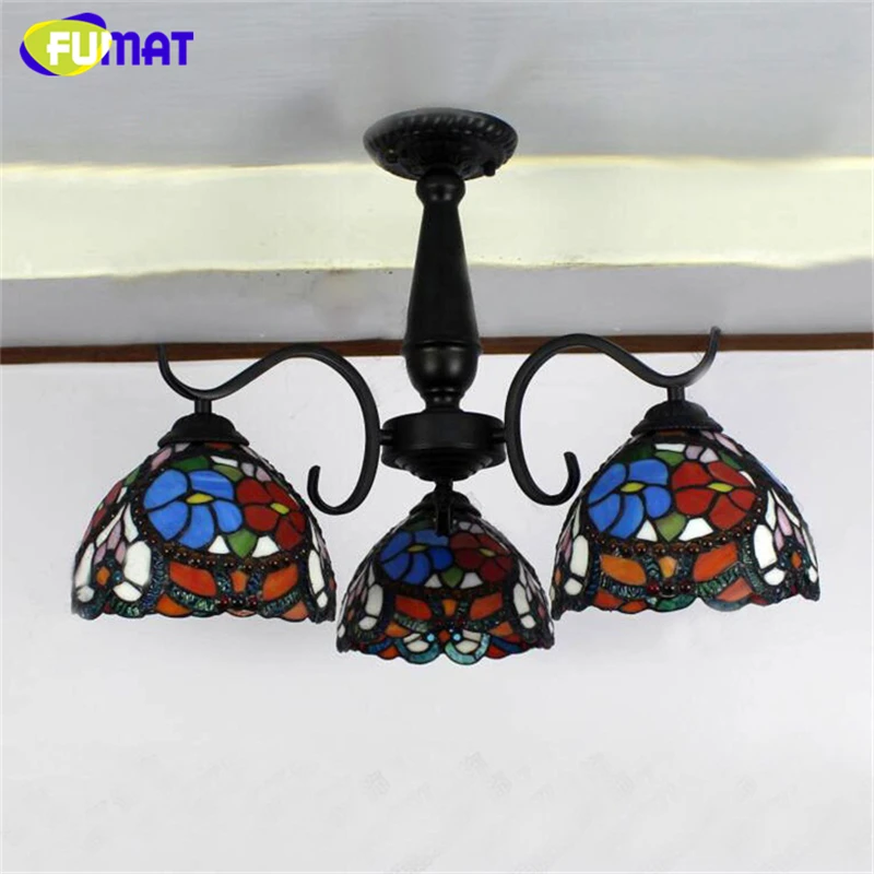 FUMAT Glass Art Ceiling Light European Vintage Mediterranean Stained Glass Ceiling Lamp Simple For Living Room Light Fixtures