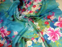 Pure Natural Silk Wide Blue Flowers Super 100% Mulberry Silk Chiffon Prints Fabric Textile For Dress Cloth Scarf African Fabric