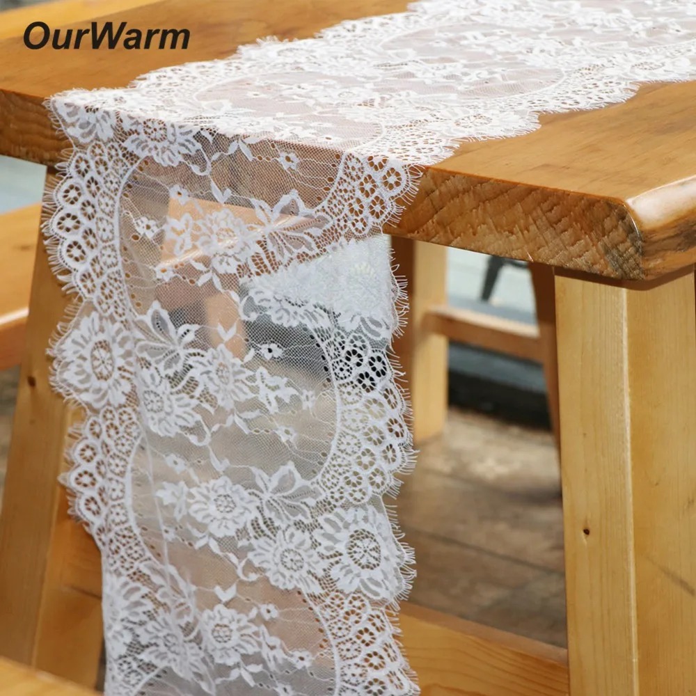 

OurWarm 5Pcs 35X300CM White Lace Table Runner Fringe Edge Floral Table Runners for Boho Wedding Decoration Home Textile