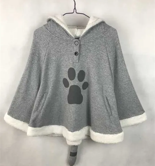 Anime Cute Cat Cloak Hoodies Coat Fleece Cloak Back Tail Kawaii Xmas Gift Gray Spring Autumn Warm Hooded Sweatshirt Hoodies Girl