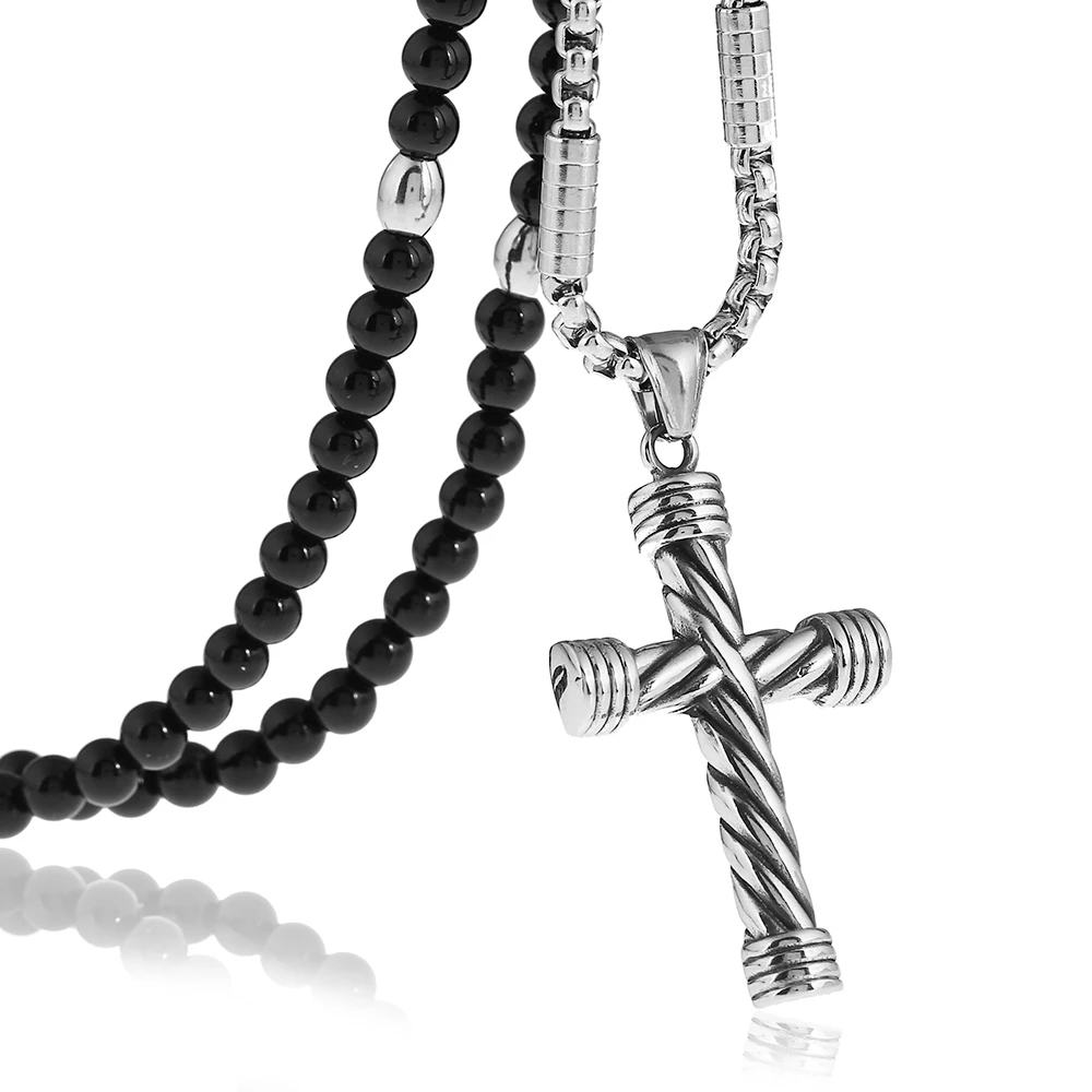 Men's Stainless Steel Religious Large Cross Pendant Necklace with Black Natural Stone Beaded Necklace 27inches