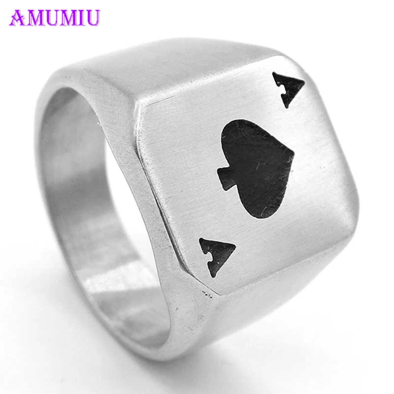 

AMUMIU Poker Ring Men Spade Rings Factory Price 316L Stainless Steel Jewelry Lucky Ring with Black Ace of Spades Poker Card R026