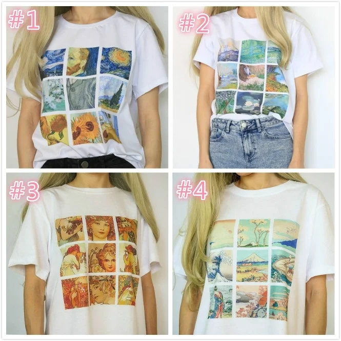 

kuakuayu HJN Van Gogh Monet Alphonse Mucha Hokusai Art Print Tshirt Summer Fashion Unisex Top Short Sleeve Cotton Women Tshirt