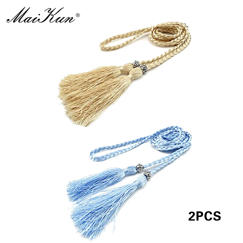 

MaiKun 2PCS Thin Belts for Women Braided Tassels Cummerbund for Dress Lady's Self-tied Waistband