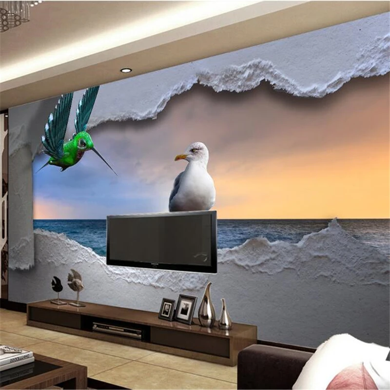 wellyu  papel de parede para quarto  Custom wallpaper  European sea three-dimensional bird sunset scenery background wall