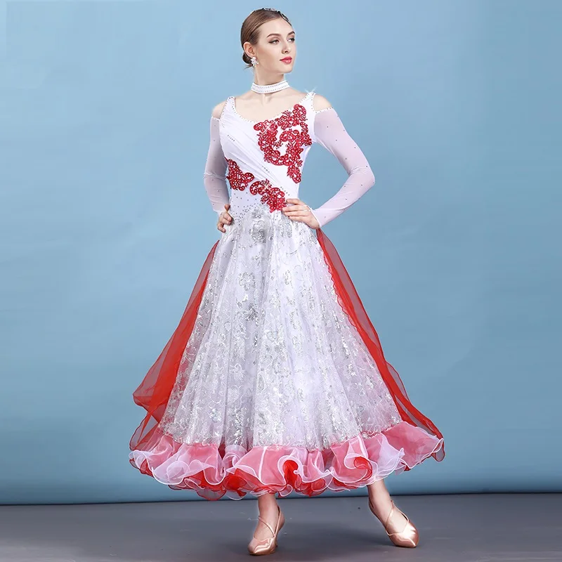 White Wrinkle Wasit Lace Stitching Women Ballroom Dance Competition Dresses Fringe Standard Social Dress Tango Waltz Ball Gown