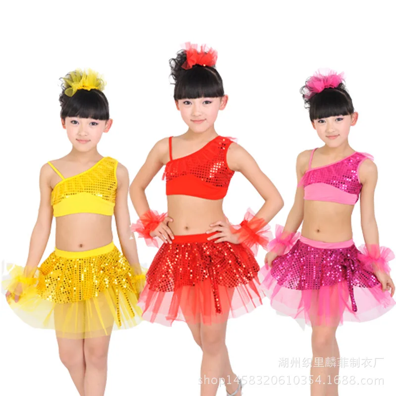 children in new stage costumes of Latin dance modern split skirt dance dress sequins