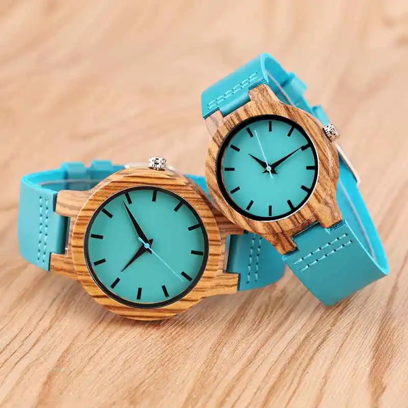 Top Luxury Royal Blue Wood Watch Quartz Wristwatch 100% Natural Bamboo Clock Fashion Leather Valentine\'s Day Best Gifts 2020 NEW