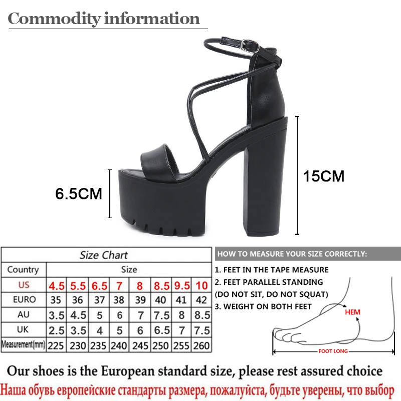 Gdgydh Platform Shoes For Summer Extreme High Heels Sandals Open Toe Fashion Buckle Block Heels Punk Black Leather Good Quality