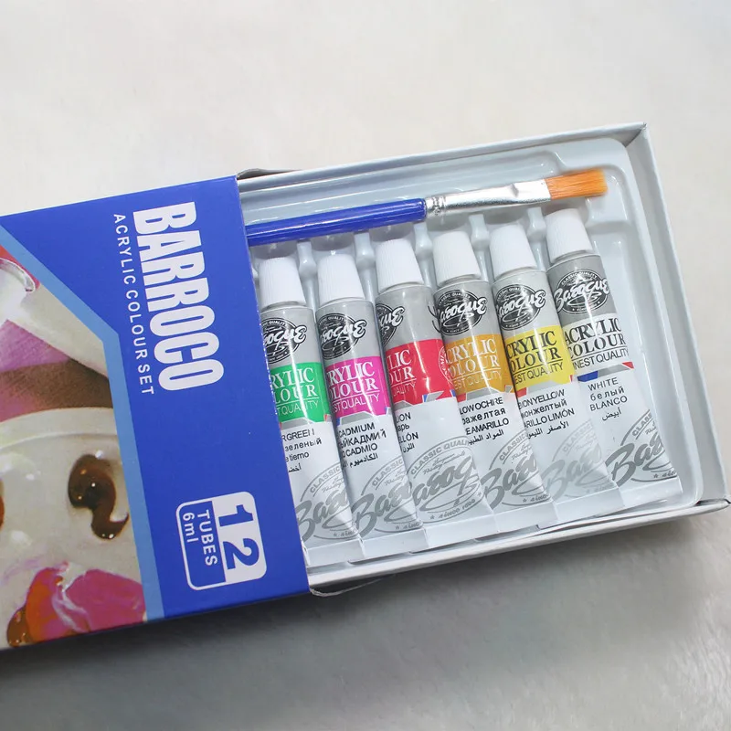 Conjunto de tinta acrílica profissional, 6 ml, 12 cores, pintura de parede, pintura têxtil, cores, suprimentos, arte brilhante, pincel grátis