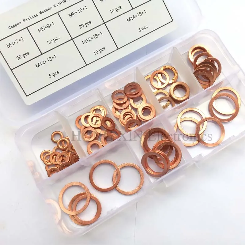 100pcs/set M4-M14 Professionelle Assorted Kupfer Washer Dichtung Set Flache Ring Dichtung Sortiment Kit