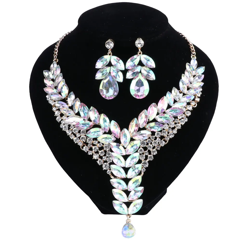 Women\'s Wedding Bridal Bridesmaid Rhinestone Crystal Statement Necklace Earrings Party Costume Jewelry Set