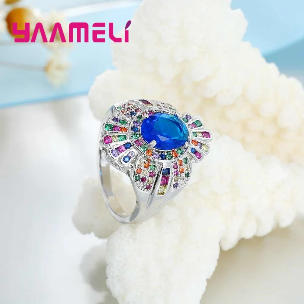 Luxury Elegant Blue Flowers Crystal Embellishment Stone Ring Party Accessories 925 Sterling Silver For Thanksgiving