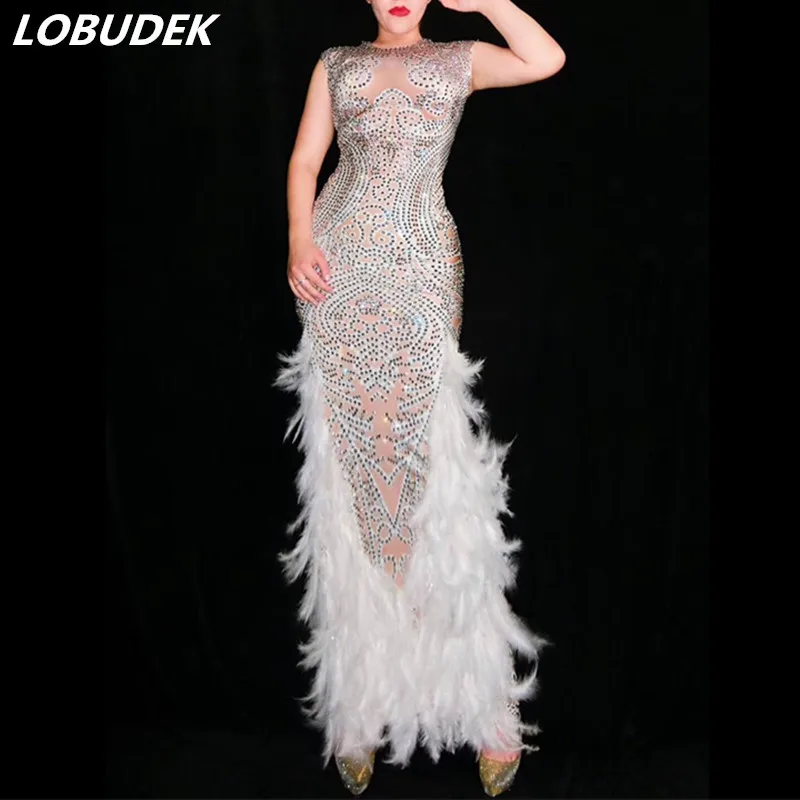 Women Singer Dancer Costume Sparkly Rhinestones White Feathers Skinny Dress Evening Prom Celebration Host Stage Show Long Dress