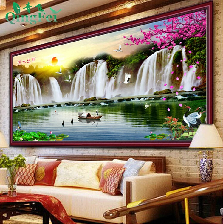 

150cm Sunset Waterfall Mountains Pattern DIY Cross Stitch Embroidery Kit - Scenic Needlework Sewing Set for Creative Crafts Gift