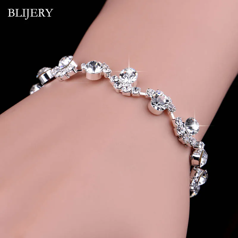 BLIJERY Bridesmaid Bridal Crystal Bracelets Silver Color Bracelets & Bangles For Women Wedding Jewelry Accessories Birthday Gift