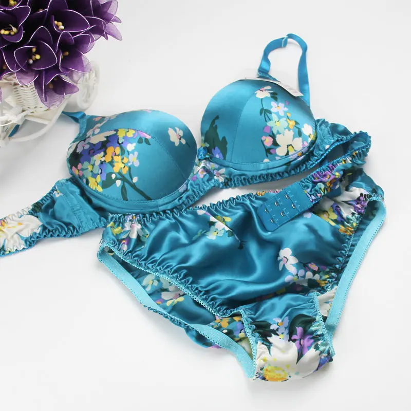 

New Design Printed Bra Sets 100% Mulberry silk underwear bra + panty set silk protein