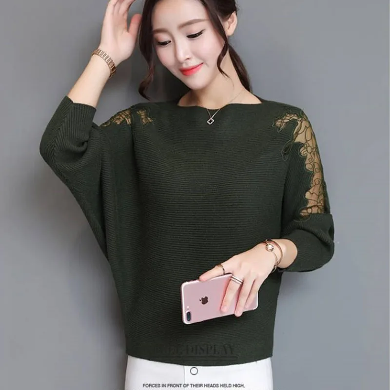 Women Loose Batwing Knitted Pullover Tops Lace Decoration 2019 Autumn Striped Sweaters With Holes Pullovers Fashion Jumper