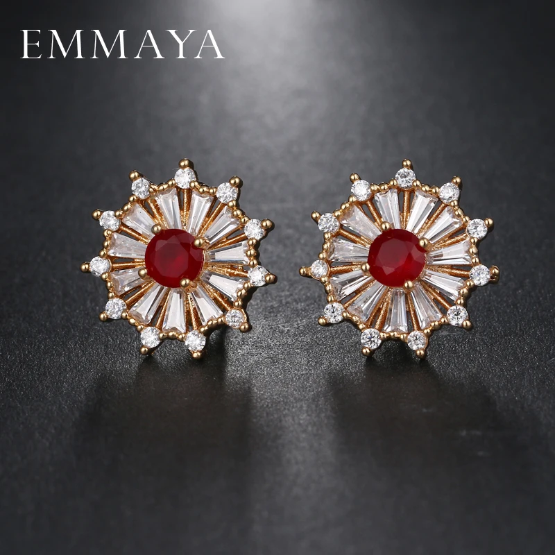 EMMAYA Brand Classic Red Pink Blue AAA CZ Crystal Flower Stud Earrings For Women Fashion Zirconia Jewelry