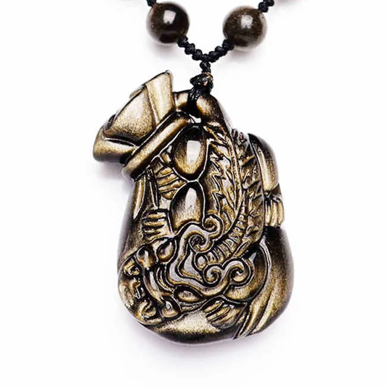 QIANXU Gold Obsidian PIXIU Pendant With Gold Beads Necklace Jade Pendant Men's Jewelry Women's Jewelry