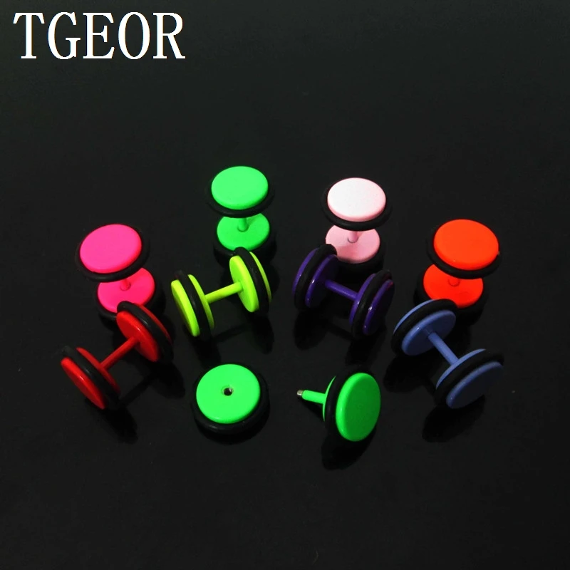 Retail neon colors 1Pair=2pcs mixed colors 8mm double rubber illusion cheaters stainless steel ear Fake Plugs Gift