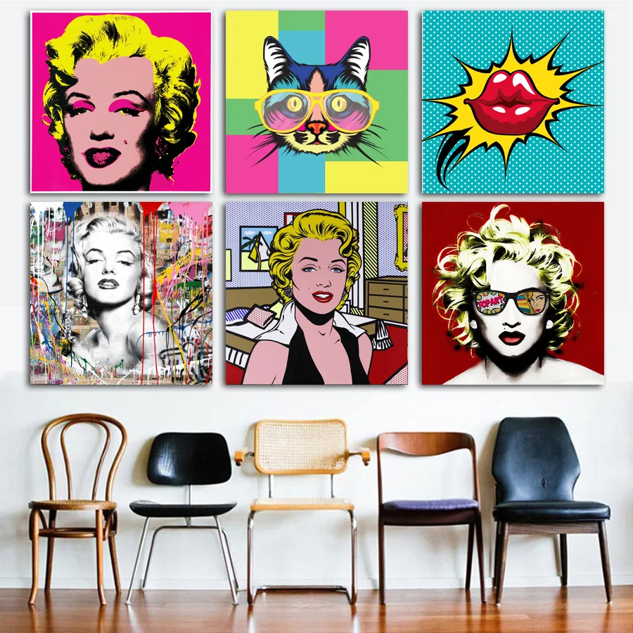 Retro style vintage pop art Painting Marilyn Monroe Cat  Kiss Wall Pictures Canvas Art Posters and Prints For Room Decor