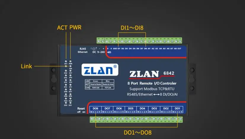 ZLAN6842 RS485 RJ45 Ethernet 8 channels DI AI DO RS485 Modbus I/O module RTU  data collector remote controller board module