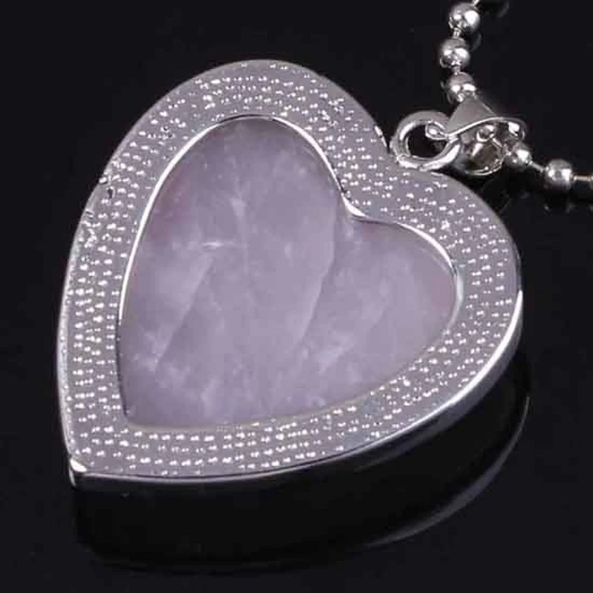 KFT Silver Plated Natural Rose Pink Quartz Amethysts Crystal Reiki Forever Love Heart Shape Stone Pendant Fashion Women Jewelry