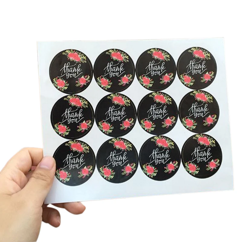 1200pcs/lot Cute Black Flower Thank You Round Adhesive Kraft Seal Sticker for Baking Funny DIY Gift Label Stickers Wholesale