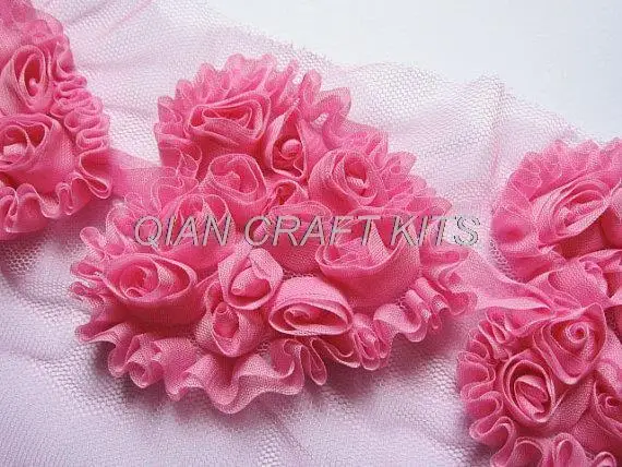 

5 yards Shabby Chiffon Rose 3.5" Heart Appliques -Dark Pink(Bubble) or specified colors