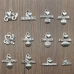 20pcs Charms I Love Sports Antique Silver Color Sport Charm Golf Basketball Baseball Football Volleyball Softball Gym Cheer