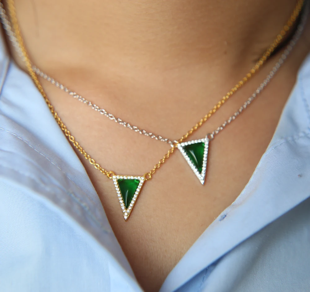 promotion 100% 925 sterling silver High quality green stone triangle cz choker chain silver necklace