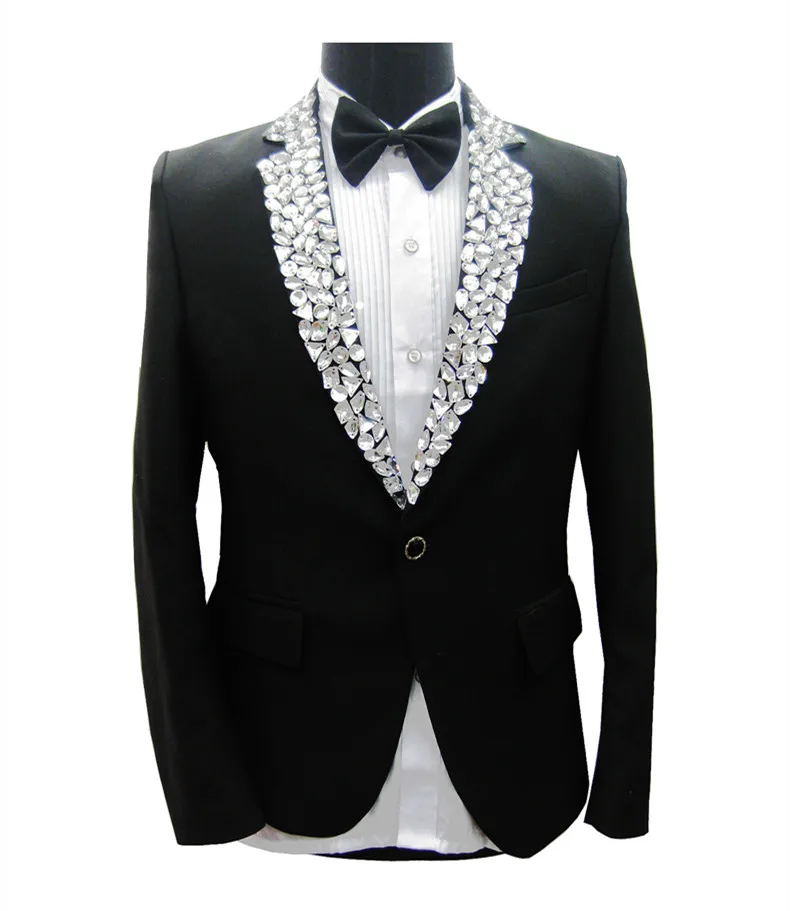 Black Crystals Men's jacket Formal Groom Wedding Dress Prom Host Performance Outfit Rhinestones Blazers Stage Costume