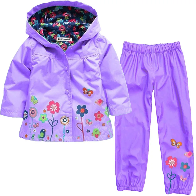 Spring Girls Clothing Set Flower Pattern Girls Clothes Waterproof Raincoat Hooded Coat + Pant 2Pcs Casual Suit Children Clothing