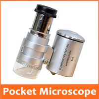 Free Shipping! 60X Mini LED Illuminated Pocket Microscope with Lamps Portable Jewelry Magnifier Loupe with LED UV Light