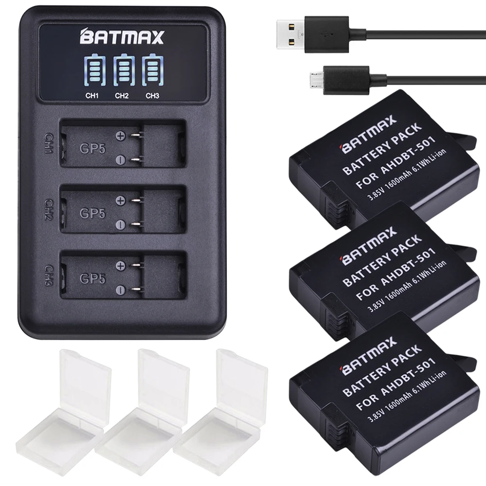 

Batmax 3pcs for Gopro 7 AHDBT-501 Battery+LED USB 3Slots Charger with Type C port for Gopro 5 Gopro 6 Gopro8 Action Camera