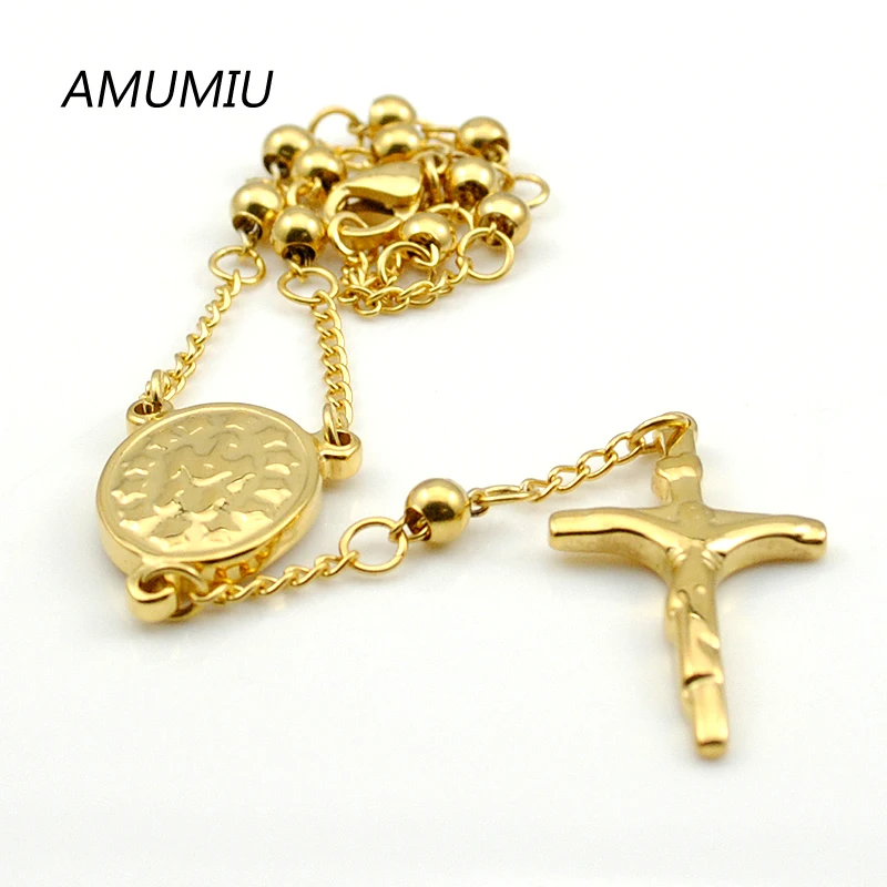 AMUMIU 20CM*4MM Women religious bracelet gold Color beads chain stainless steel rosary jewelry with cross new HZB052W4