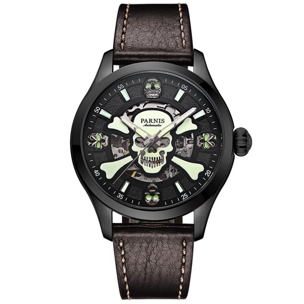 Parnis crânio seriers masculino punk estilo pulseira de couro moda automático auto vento relógio mecânico relógios pulso