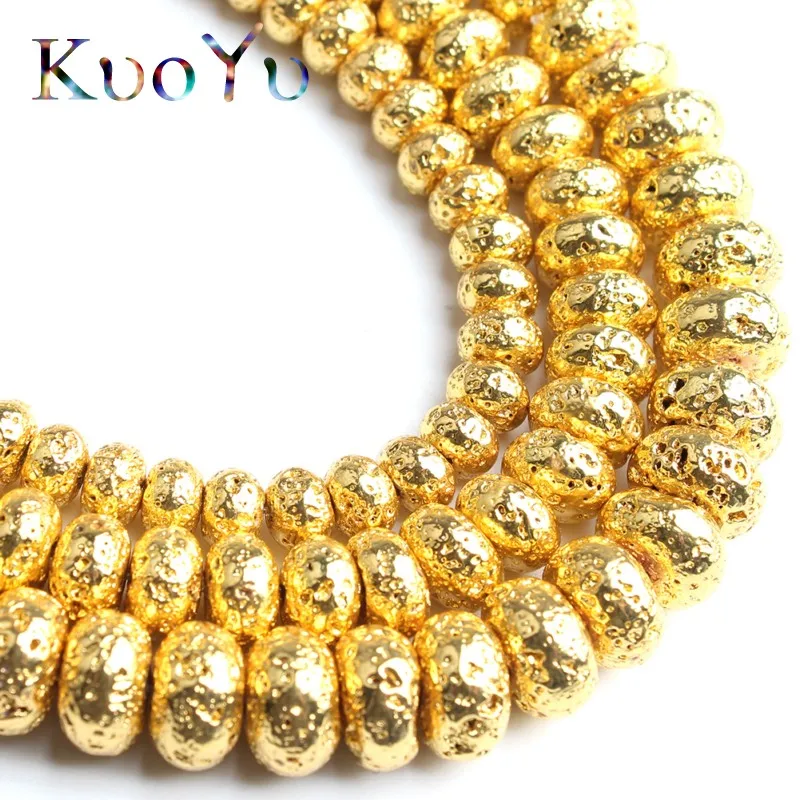Natural Lava Volcanic Stone Rose Gold Black Silver Plated Flat Shape Loose Beads For Jewelry Making DIY Bracelets 15\'\' 6/8/10mm